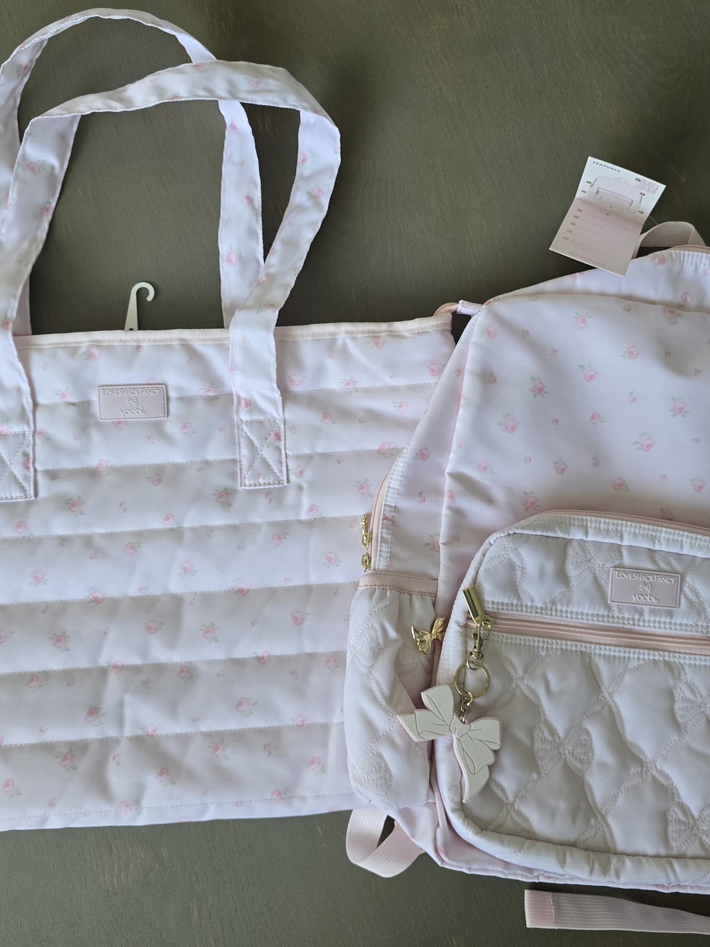 LoveShackFancy Pale Pink Quilted Backpack and Floral Tote Set